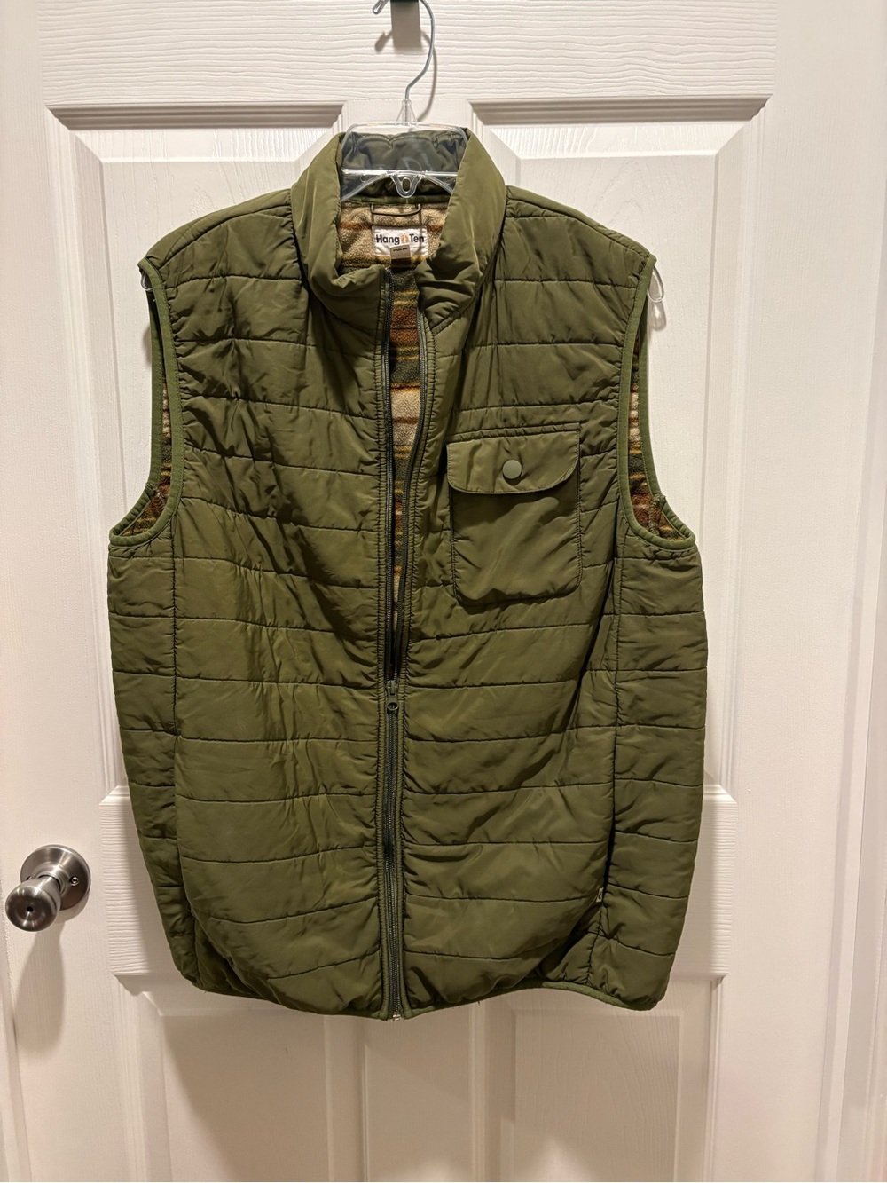 Hang Ten Mens L Quilted Puffer Vest Olive Green Striped Fleece Lined Outdoor